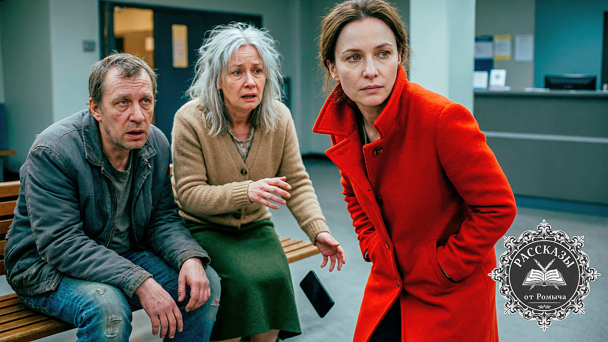 Женщина с оливковыми глазами, в шерстяном ярко-красном пальто. Слева от неё – мужчина, его лицо выражает ступор и осознание краха, он сидит на скамье, сгорбившись.