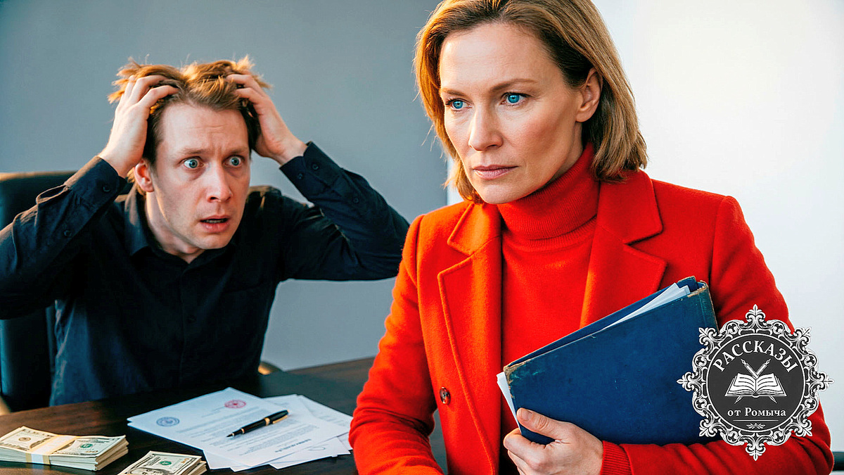 Женщина с синими глазами, в кашемировой ярко-красной одежде. Слева от неё – мужчина), его лицо выражает ступор и страх, он сидит за столом, на котором разбросаны деньги и документы.