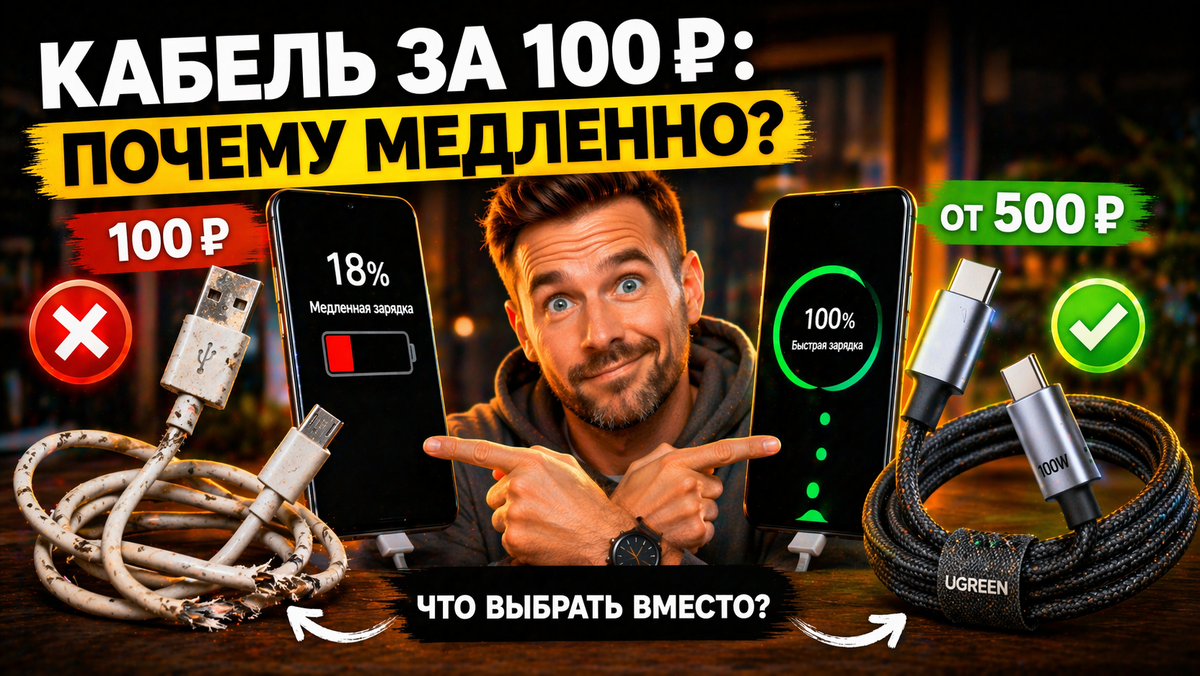 Кабель за 100 рублей: почему он медленно заряжает телефон и нагревается? Разбор дешёвых USB-кабелей, их проблемы и топ-5 бюджетных альтернатив до 500 руб. Быстрая зарядка гарантирована!
