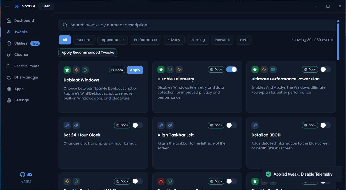 Различные твики системы, из основного это отключение слежки и ускорение системы