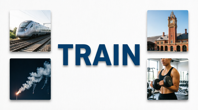 На обложке 4 картинки, иллюстрирующие использование слова  "train" в 4-х значениях-  "train" поезд,  "train-station" железнодорожная станция, "train" тренироваться, "train" - шлейф  после фейерверка в небе 