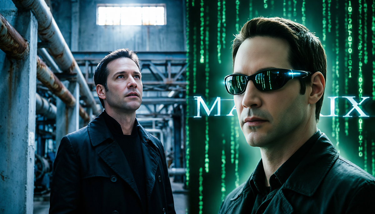 Слева - реальный мир (синий), справа - Матрица (зелёный).