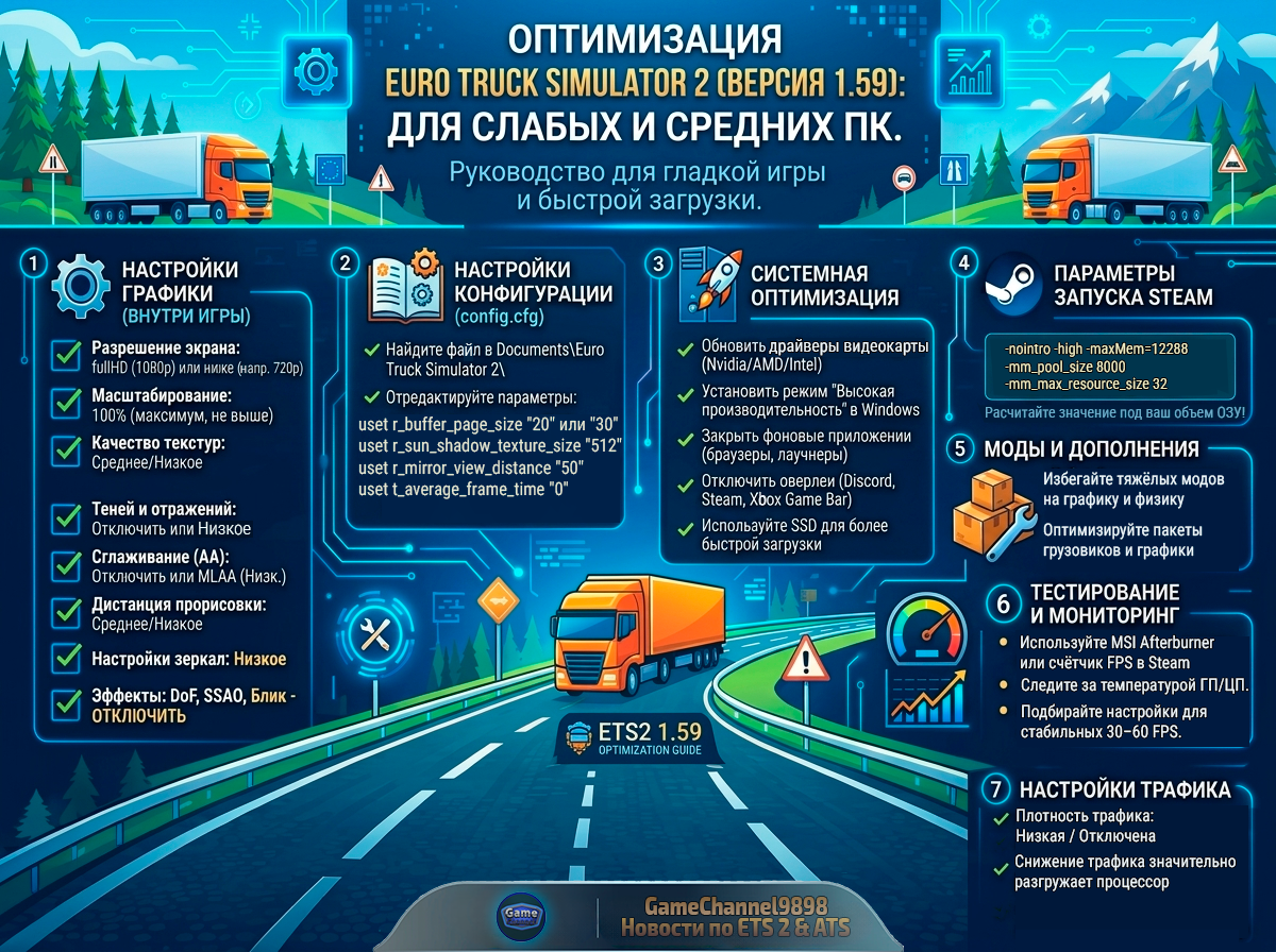 Инфографика GameChannel9898 (Concept Art / AI) на основе тестирования Euro Truck Simulator 2 (1.59.х)