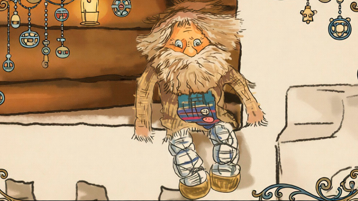 Лохматый маленький старичок сидит на печи.