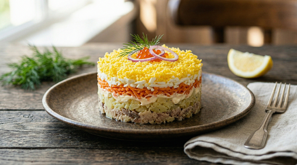 Салат Мимоза с рыбными консервами классический 