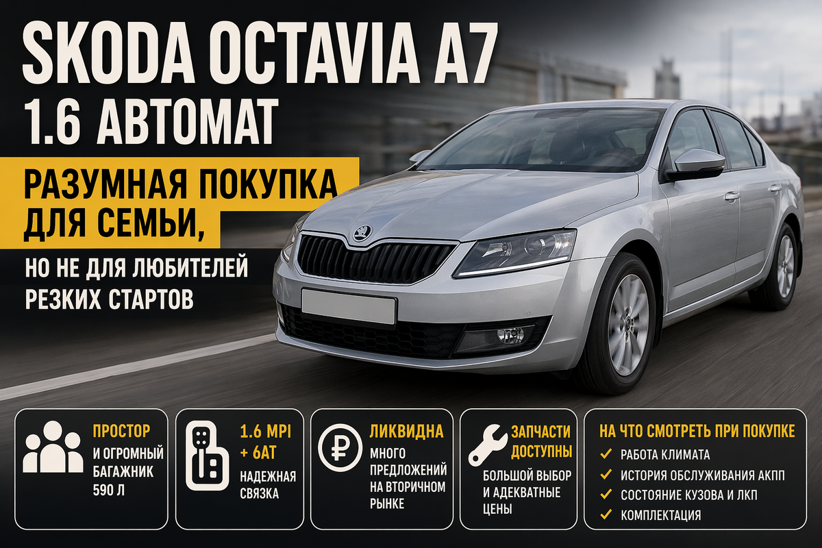 Если описать Skoda Octavia A7 1.6 автомат одной фразой, то это будет машина для тех, кто любит считать не секунды до сотни, а удобство, практичность и деньги на обслуживание. У этой версии атмосферный 1.6 MPI на 110 л.с. и обычный 6-ступенчатый гидромеханический автомат, а не DSG, поэтому интерес к ней на вторичке держится до сих пор. Плюс у Octavia A7 огромный по меркам класса багажник — 590 литров, и в зависимости от комплектации встречаются такие приятные вещи, как подогрев передних сидений, круиз-контроль и SmartLink с Apple CarPlay/Android Auto.