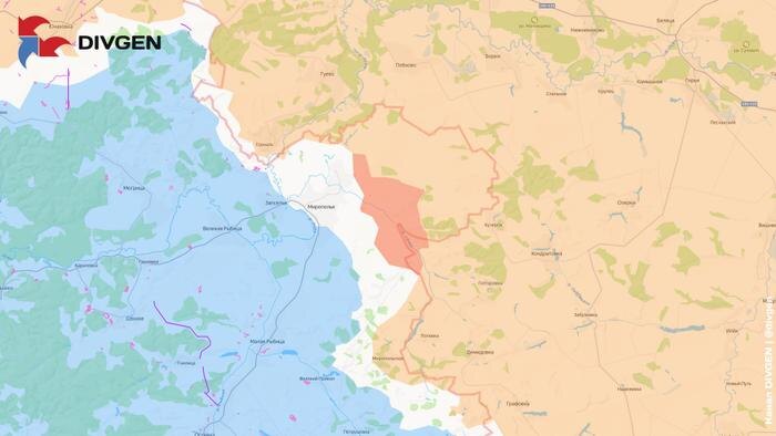 Карта СВО на 20 апреля 2026 года. ВС РФ расширяют зону контроля у Мирополья. Фото © Telegram / DIVGEN 🚩 Карта СВО