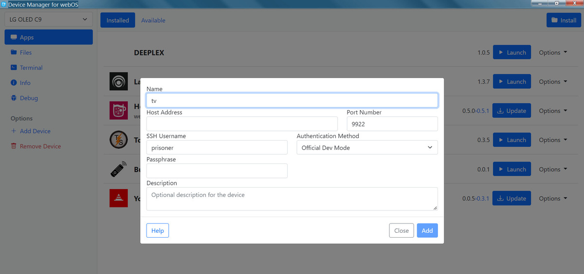 Запустите Dev Manager, нажмите кнопку Add Device в Options. В открывшемся окне заполните поля Host (IP-адресом, который указан в Developer Mode в телевизоре) и Passphrase (тоже с телевизора). Далее нажмите Add.