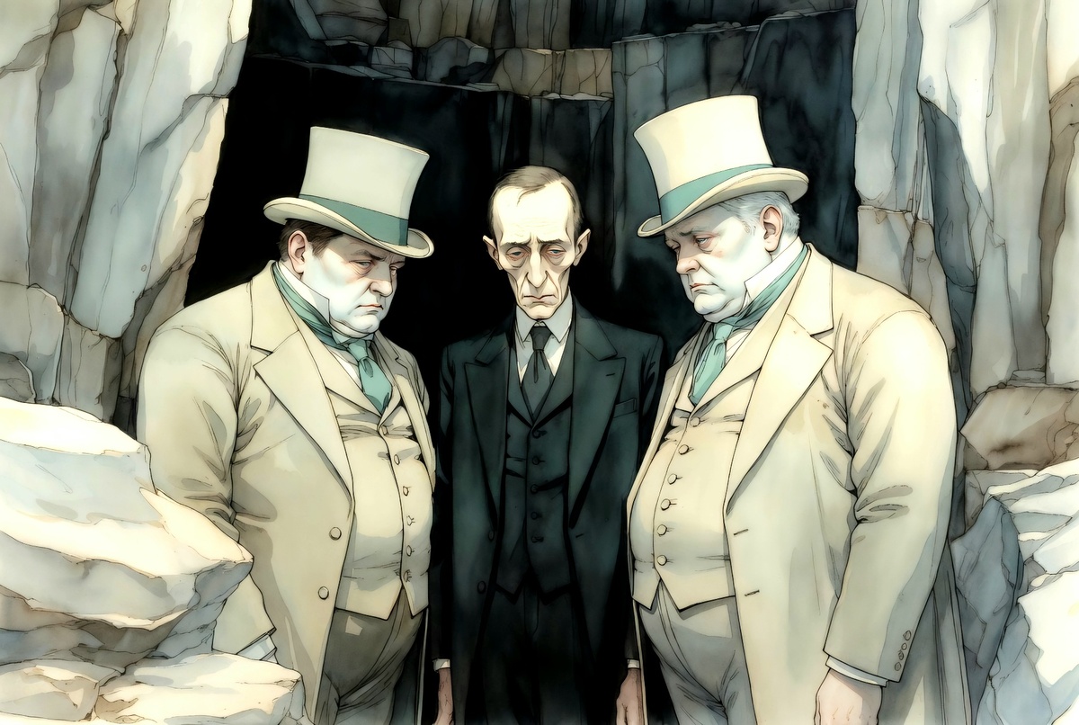 ".. к нему явились два господина в сюртуках, бледные, одутловатые, в цилиндрах, словно приросших к голове... Может быть, они тенора, подумал он, разглядев их двойные подбородки. Ему были противны их лоснящиеся чистотой физиономии."– финальная сцена романа Кафки «Процесс»: казнь  Йозефа К.