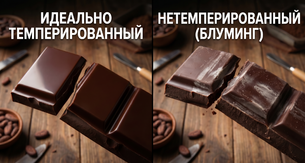 Слева — правильно темперированный шоколад. Справа — просто растопленный и охлаждённый. Разница очевидна: блеск против матовости, хруст против мягкости, чистый цвет против белых разводов. Это не качество шоколада — это только способ его обработки