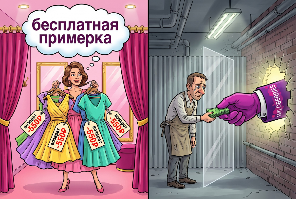 «Бесплатная примерка» для покупателя — это 550 ₽ потерь для селлера на каждый возвращённый товар. Wildberries привлекает клиентов удобством, а счёт выставляет продавцу.