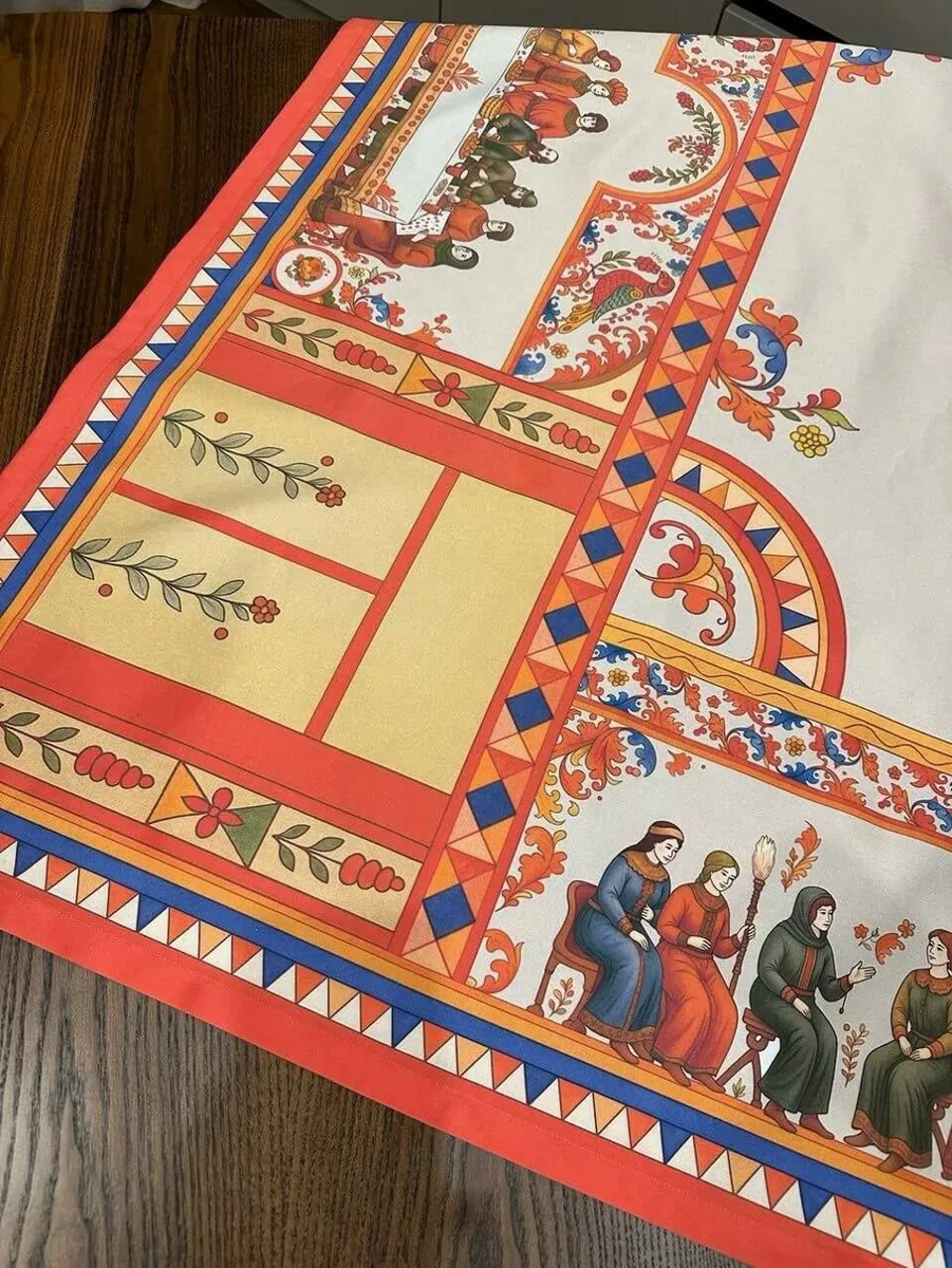 Фрагмент росписи: сваты и невеста с роднёй.
