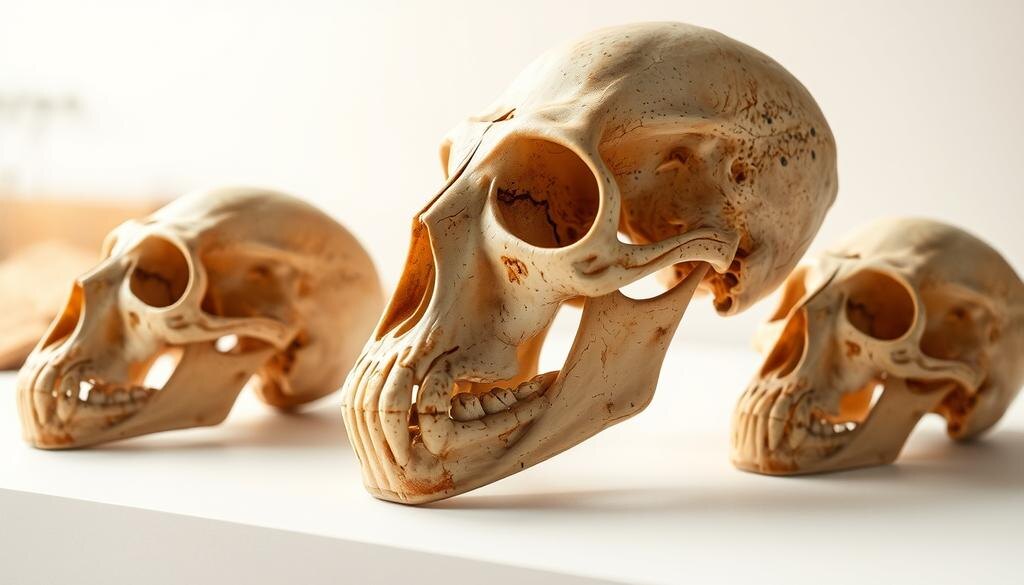    Детальное изображение черепов ранних гоминидов, таких как Australopithecus afarensis, на фоне африканской саванны.