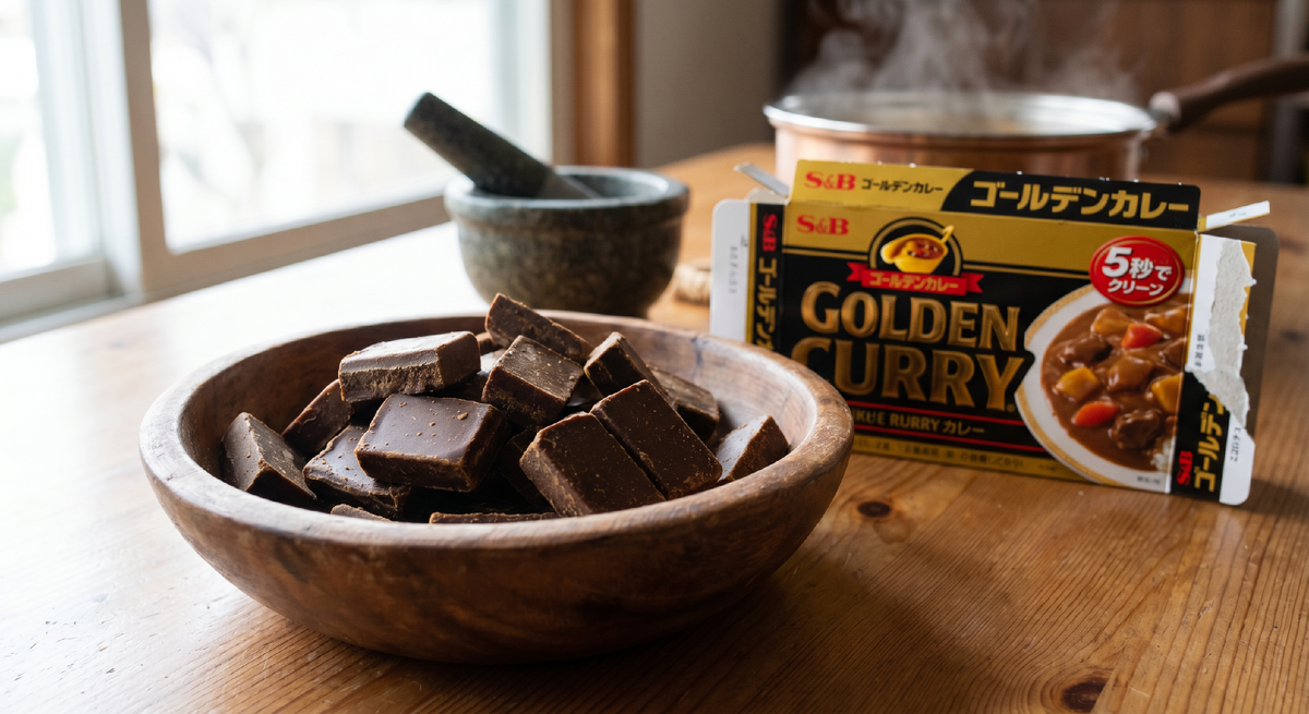 Кубики карри — японское изобретение 1960-х годов которое демократизировало блюдо. Смесь специй, жира и загустителя в форме «шоколадных плиток». Растворите в бульоне — и получите готовый соус карри за пять минут. Продаются на маркетплейсах и в азиатских магазинах