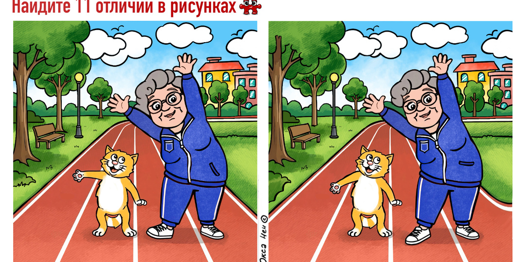 Тест 11 отличий на картинках про спортивную бабушку и кота Кешу