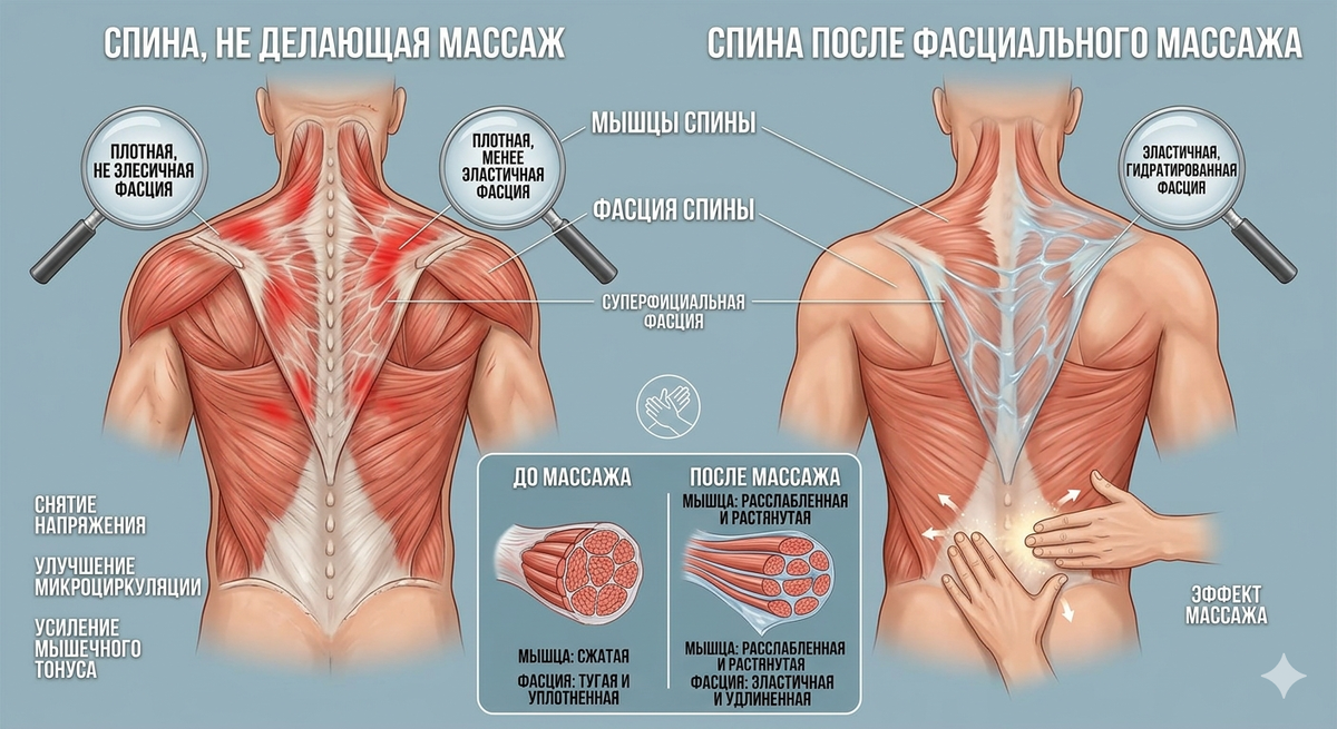 До/после фасциального массажа и фасциологии