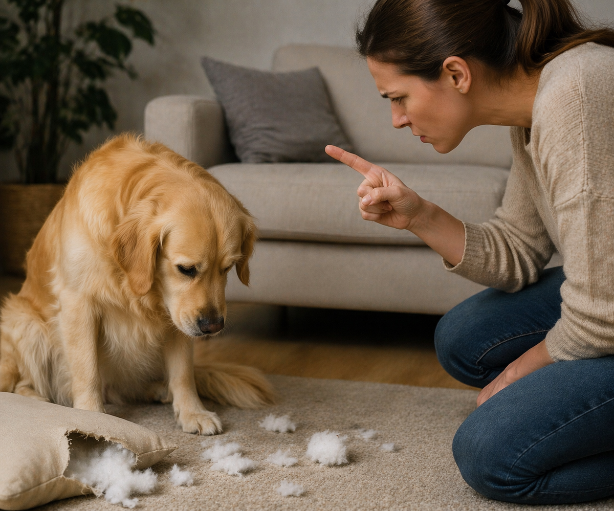 «Виноватый взгляд» — опущенная голова, прижатые уши, поджатый хвост — это реакция на наши эмоции