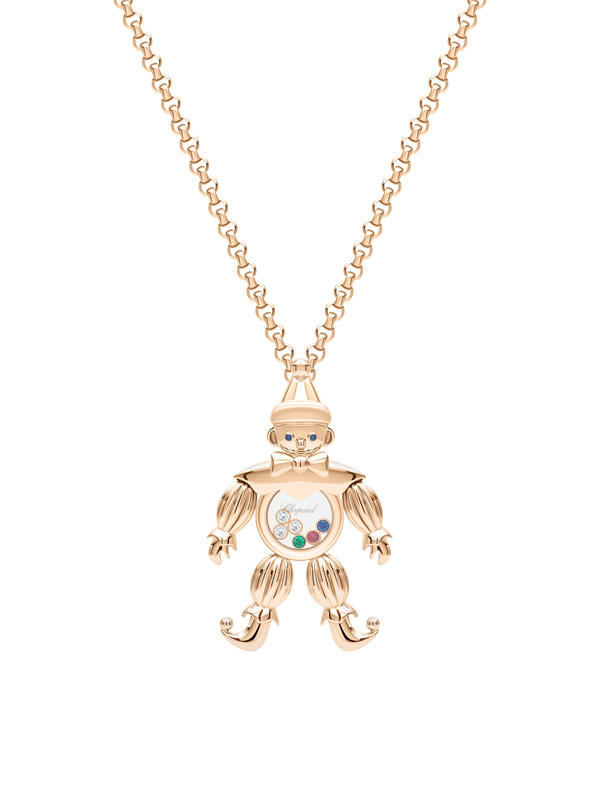 Кулон Chopard Happy Clown из розового золота с двумя сапфирами и шестью плавающими камями: тремя бриллиантами, изумрудом, сапфиром и рубином