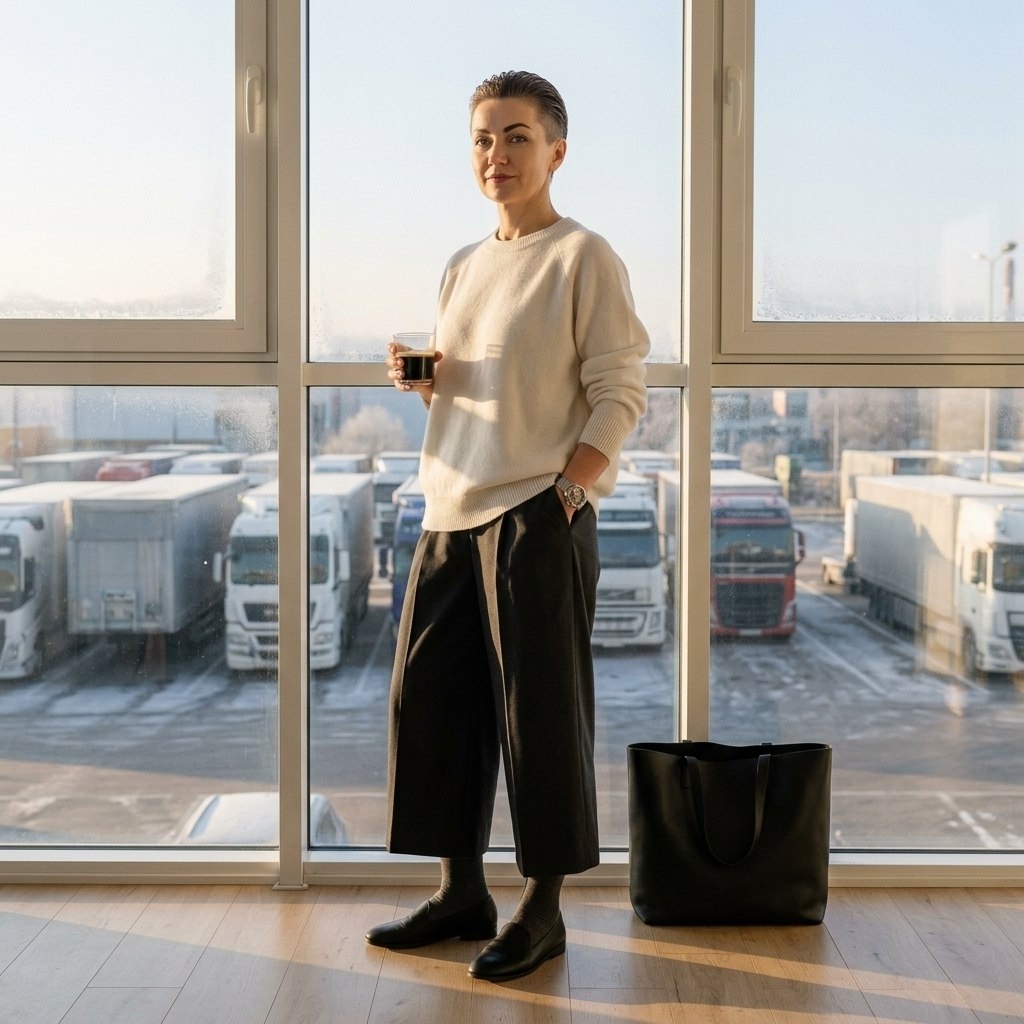 Свитер из белой шерсти (объёмный реглан), Брюки-кюлоты цвета «влажный асфальт» (широкие, до середины икры), Лоферы из чёрной матовой кожи