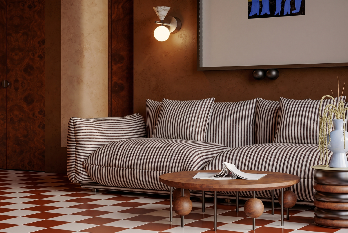 Зона отдыха с выразительной отделкой, текстилем и мебелью — пример того, как сложные материалы должны работать в одной системе.