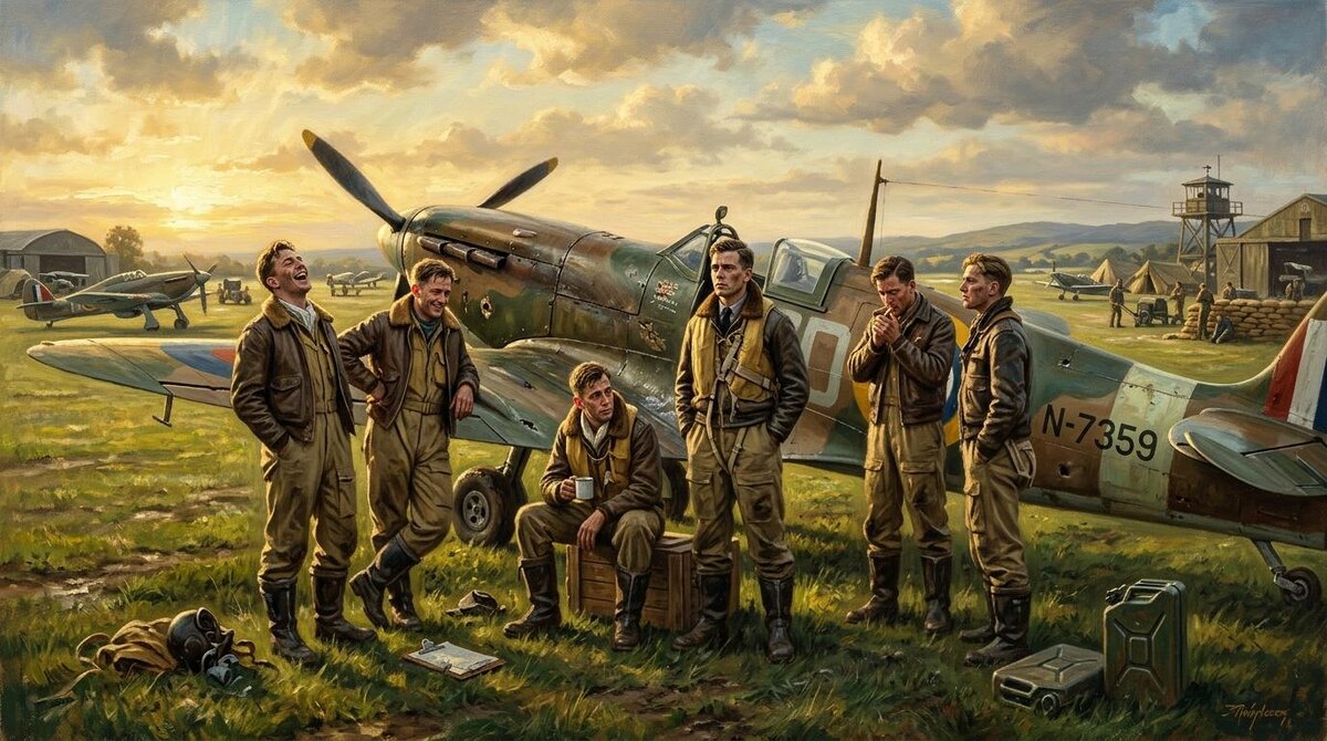 Лето 1940, британские лётчики RAF у своих истребителей — люди, которых официальная история сделала главной причиной спасения Британии. Историческая визуализация.