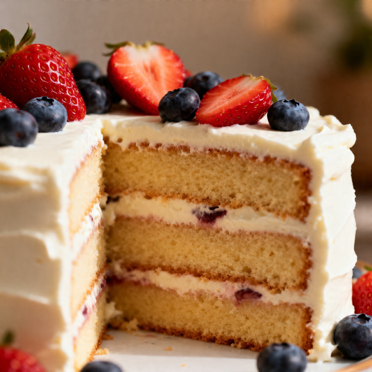  Разрез торта с кремовыми слоями, ягодами и бисквитом