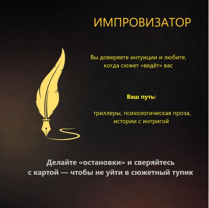 Если больше вторых вариантов — вы ИМПРОВИЗАТОР. Ваши сильные стороны: гибкость, живые диалоги и неожиданные повороты
