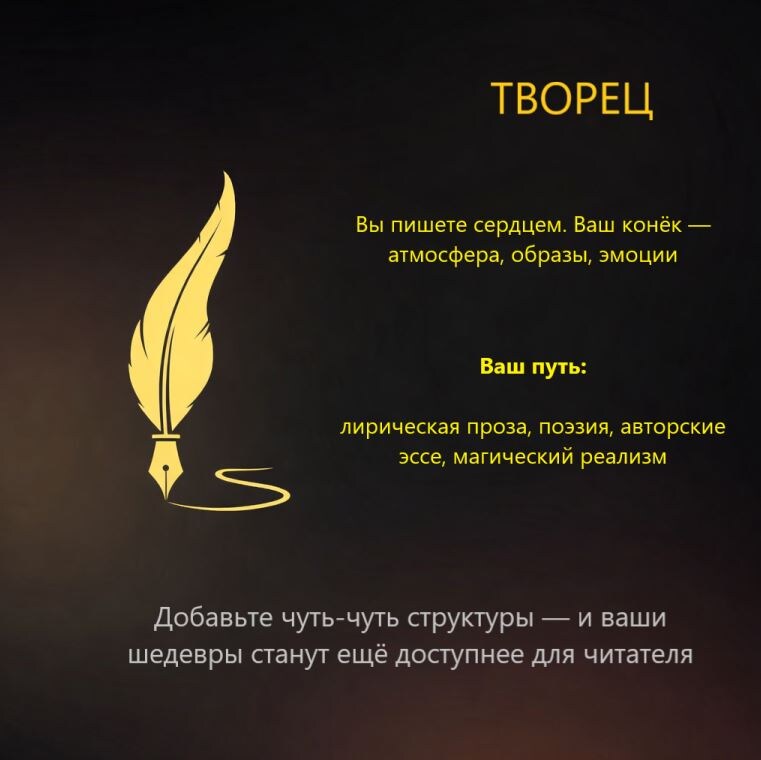 Если лидируют третьи варианты — вы ТВОРЕЦ. Ваши сильные стороны:  читатель чувствует ваш текст кожей, атмосфера и поэтичность