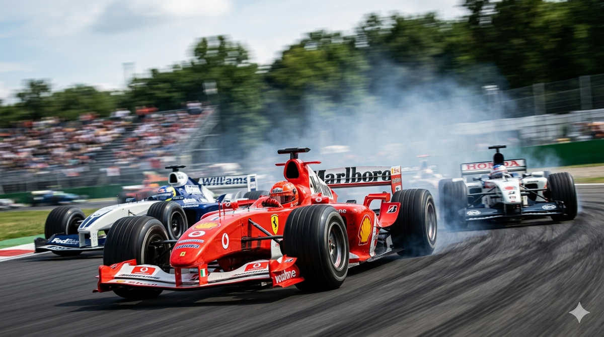 Тот самый момент, когда Шумахер уходил в точку, а остальные боролись за второе место.