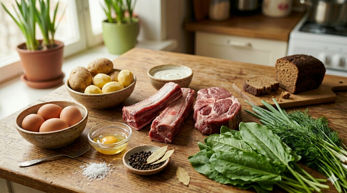 Основное:                                                           Говядина на кости (ребра или лопатка) — 600–700 г.                                                                                       Вода — 2,5 литра.                                                                Щавель свежий — 200 г (большой пучок).                       Картофель — 4 шт.                                                                Яйца — 5 шт. (по 1 на тарелку).                                         Лавровый лист — 2 шт.                                                    Перец чёрный горошком — 4–5 шт.                                Соль — по вкусу.                                                                   Для подачи:                                                                              Сметана — по вкусу.                                                            Зелёный лук и укроп — для посыпки.                                