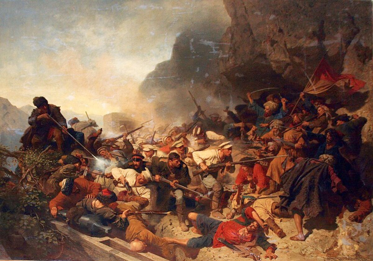 Теодор Горшельт. Штурм аула Гуниб 25 августа 1859 года. 1867 год. Курский областной краеведческий музей.
