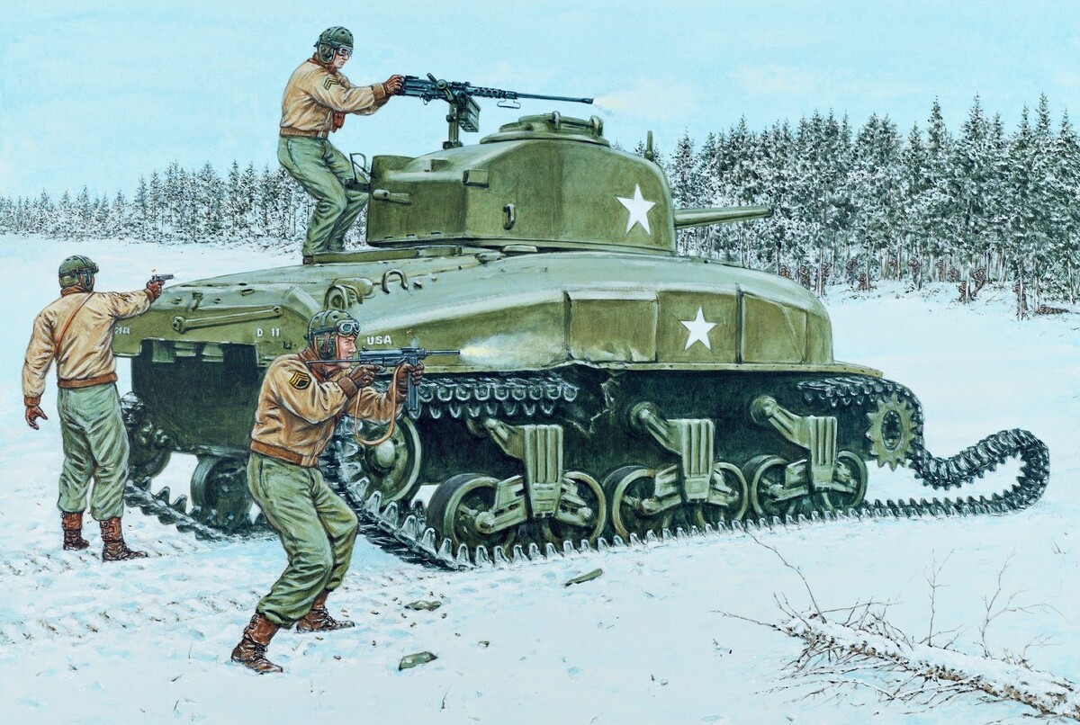 Бой экипажа подбитого танка с немцами, декабрь 1944 года. Источник: Thompson L., The M3 "Grease Gun"