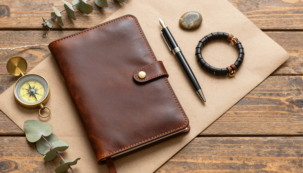Подарок на выпускной 9 класс - закрытый кожаный блокнот, латунный компас, кожаный браслет, винтажная ручка на дубовой доске.