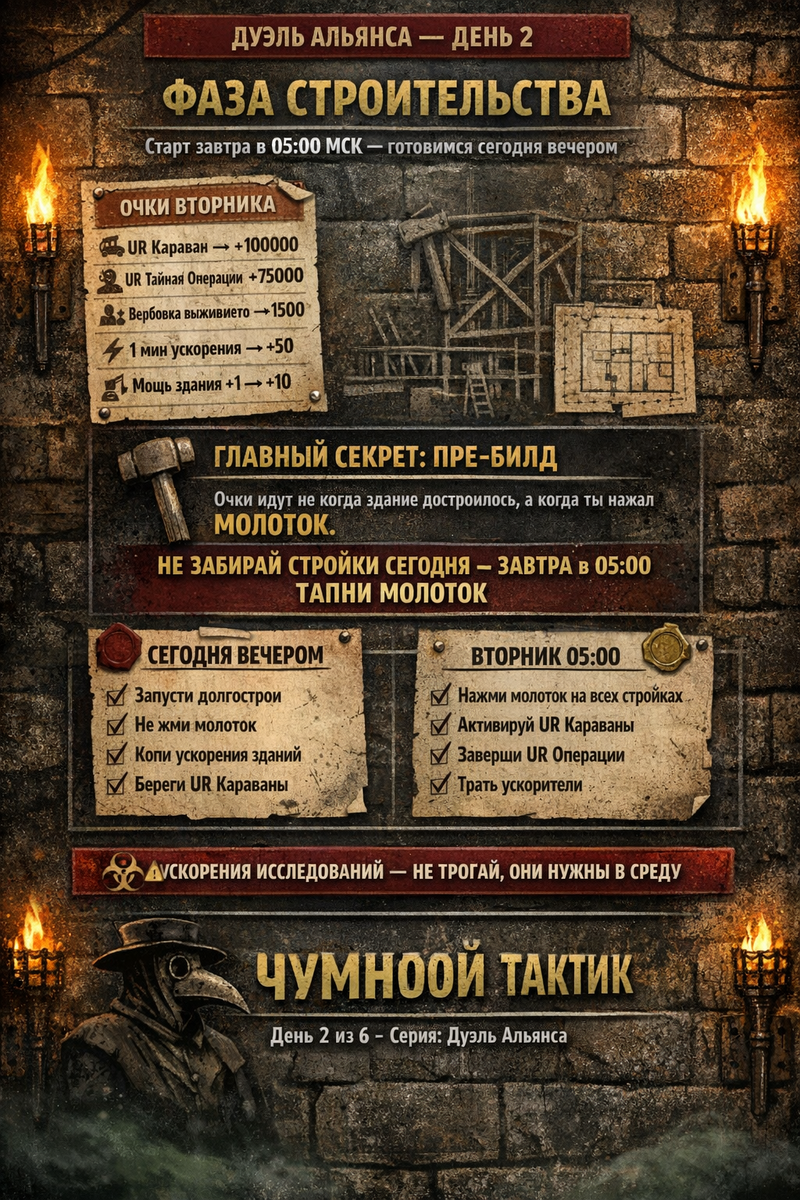 Разбираю механику «пре-билда»: почему постройки надо завершать завтра утром, а не сегодня — и как за один UR Караван получить 100 000 очков.