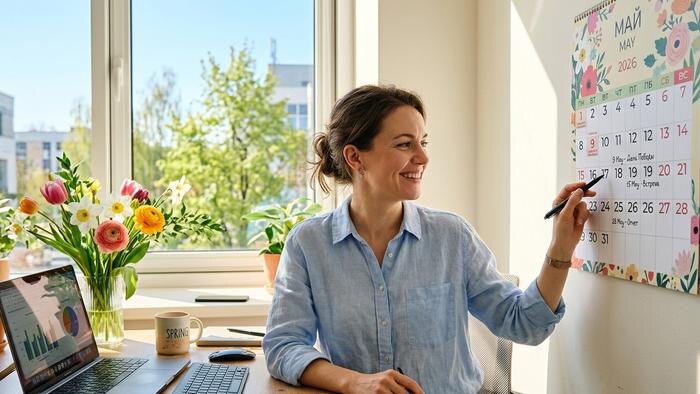 Производственный календарь на май 2026: когда и сколько отдыхаем. Обложка © Nano Banana AI