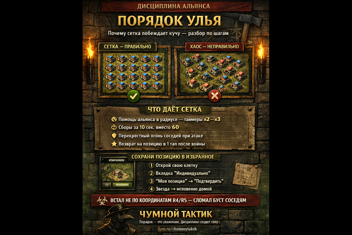 Разбираю гайд по дисциплине улья: как размещение баз влияет на скорость рейли, помощь альянса и исход субботней войны. Плюс инструкция по сохранению позиции в избранное.