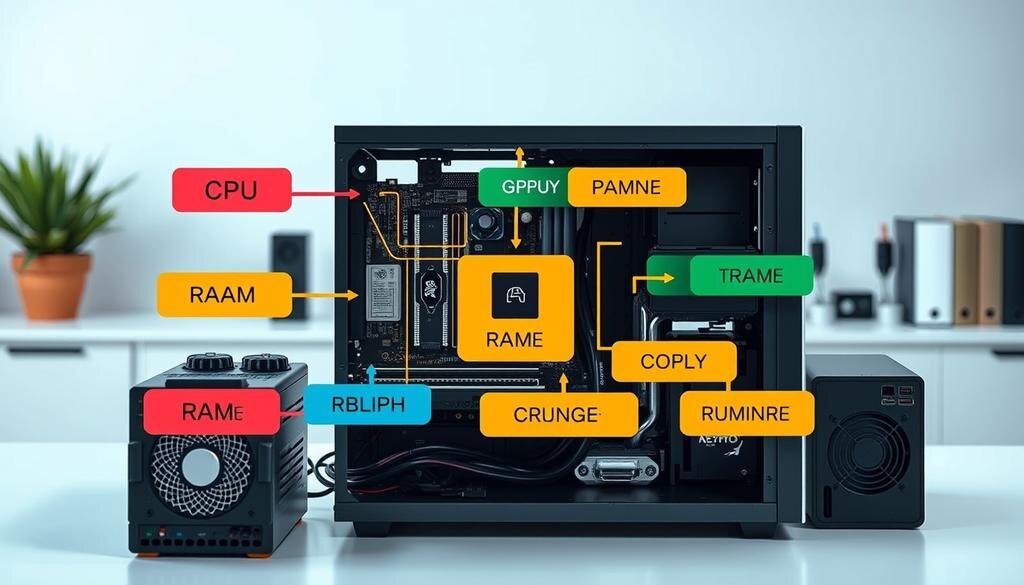    Иллюстрация ключевых компонентов ПК с пометками, такими как процессор, материнская плата, оперативная память, накопители, видеокарта и блок питания.