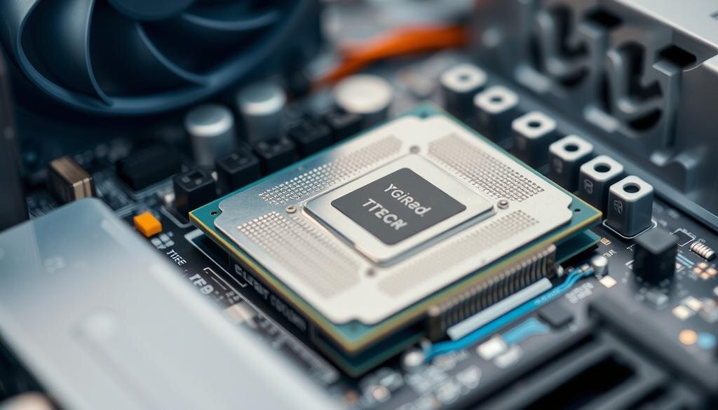    Близкий план современного процессора на материнской плате с другими компонентами, такими как модули оперативной памяти и блок питания на заднем плане.