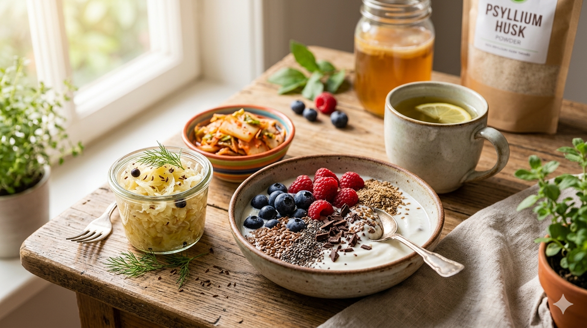 Идеальный завтрак для микробиома: клетчатка, ягоды-полифенолы и та самая порция ферментированных овощей.