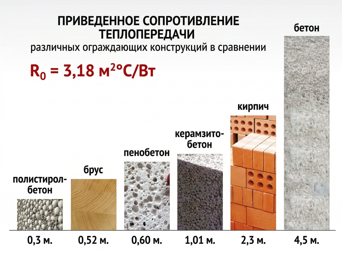 Самый теплый - полистиролбетон. Самый холодный - бетон.