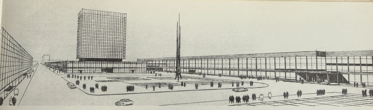 Вид будущей площади перед Белорусским вокзалом после строительства новых зданий. Из журнала "Строительство и архитектура Москвы" за 1967 год (№12).