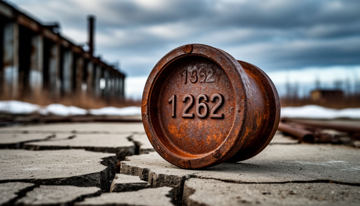Ржавая металлическая заглушка с надписью на фоне заброшенных руин на Кольском полуострове