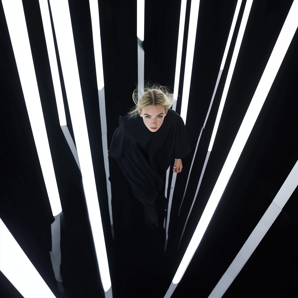 Ultra sharp bird's-eye view looking straight down at an androgynous figure walking on an obsidian mirror floor, wearing oversized avant-garde matte black robes, serene expression gazing up at the lens.
Long exposure combined with shutter drag technique turns falling rain into thick, solid vertical beams of pure white light streaking toward the camera. Motion blur affects only the environment, while the subject's face remains perfectly tack sharp with hyper-detailed skin texture.
Wind simulation creates subtle fabric distortion and trailing motion in the robes. High contrast lighting with harsh top spotlight and deep shadows, cinematic chiaroscuro. Monochrome palette, extreme dynamic range, subtle film grain, editorial fashion photography, surreal minimalism.
--ar 2:3 --style raw --v 8.1 --q 1 --chaos 25 --stylize 150