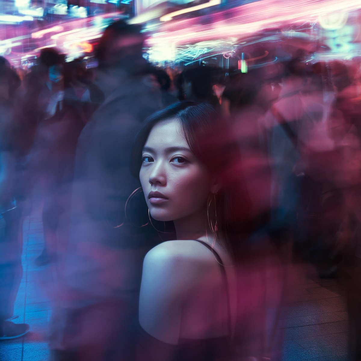 Ultra sharp portrait of a woman standing still in a crowded street, face perfectly sharp and calm.
Long exposure creates ghost-like blurred silhouettes of people rushing around her, motion streaks in all directions, neon lights smeared across the frame.
Cinematic lighting, shallow depth of field, cyberpunk color palette, high detail skin, contrast between stillness and chaos.
--ar 2:3 --v 8.1 --style raw --chaos 30