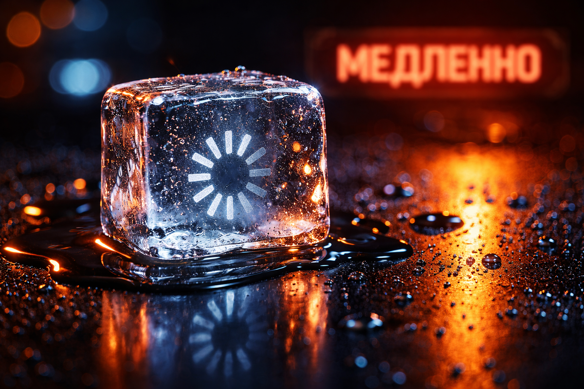 Тающий лед с символом загрузки, метафора потери денег из-за медленной скорости сайта.