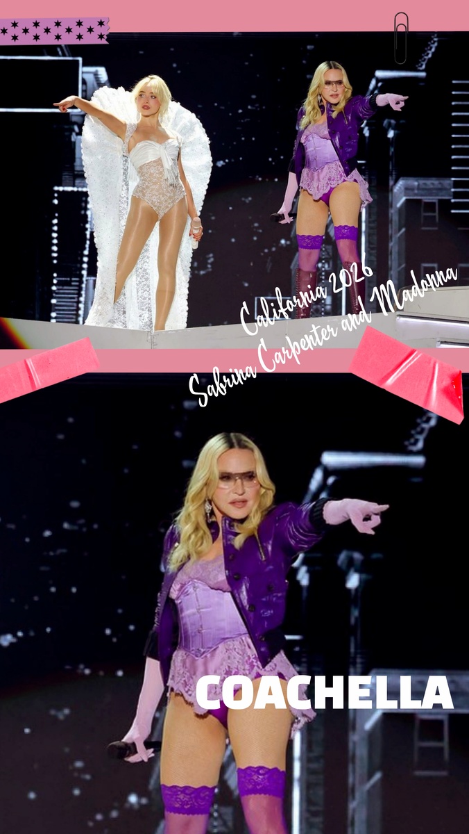 Кадры с прошедшего концерта в Калифорнии COACHELLA 2026, Сабрина Карпентер и Мадонна. Источник фото: интернет, фотоколлаж автора стати