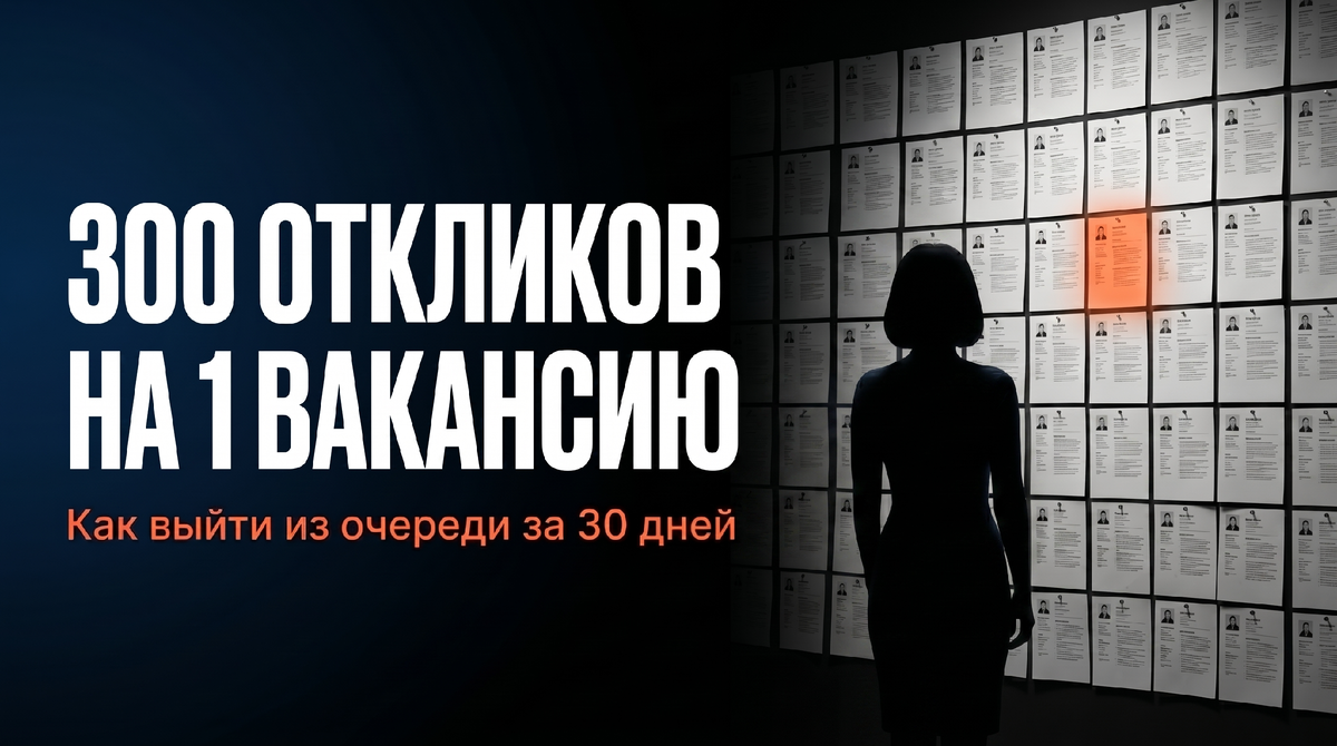 Потерял работу в 2026: силуэт соискателя перед стеной из 300 одинаковых резюме, одно выделено оранжевым — пошаговый план на 30 дней