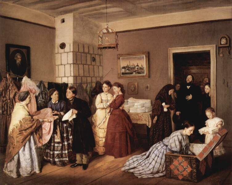    В.В. Пукирев, «Приём приданого в купеческой семье по росписи», 1873 г., общественное достояние