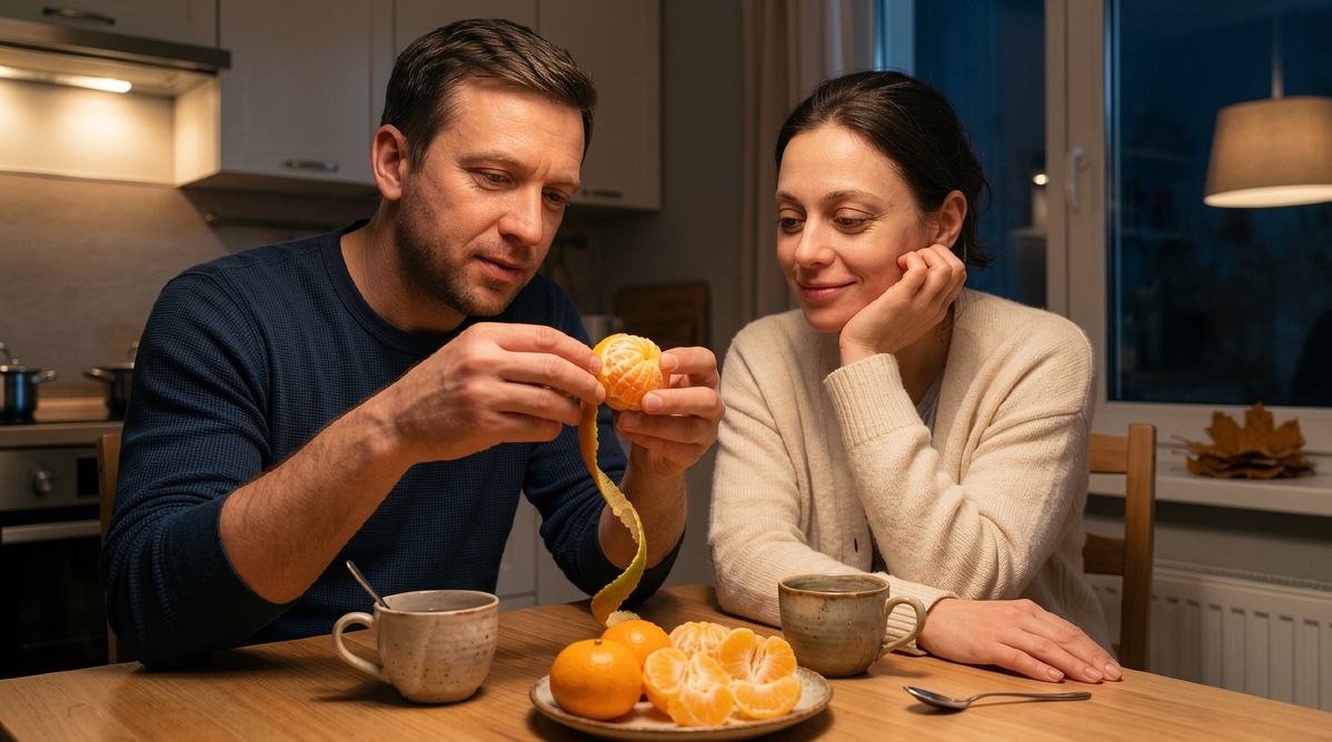 А как-то вечером они сидели на кухне. Андрей чистил мандарин. Оля смотрела на его руки, на то, как слезает кожура спиралью. Вдыхала аромат мандарина. 