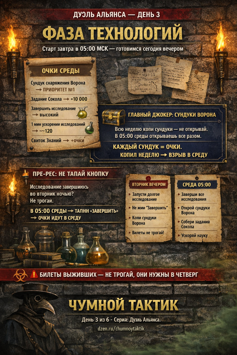Разбираю Фазу Технологий: что делать с Сундуками Ворона, почему исследование нельзя завершать во вторник и что приготовить прямо сейчас.